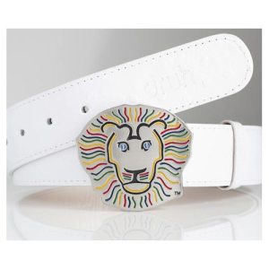 Druh White Leather Ostrich Pattern Belts w/ Lion Buckle - $145