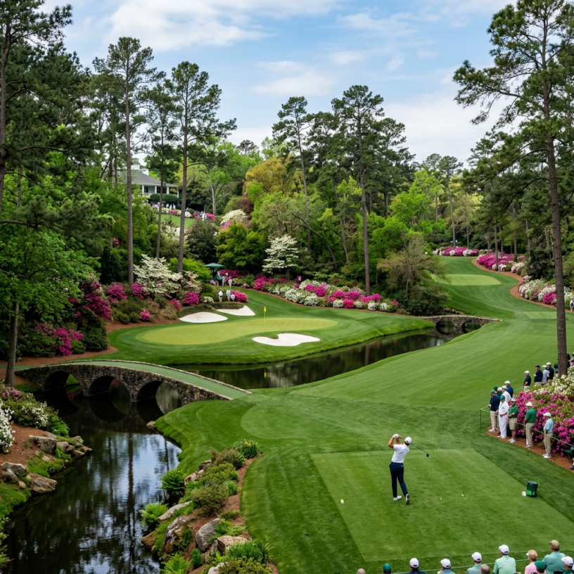 Golfer teeing off on a lush golf course surrounded by blooming azaleas and tall pine trees